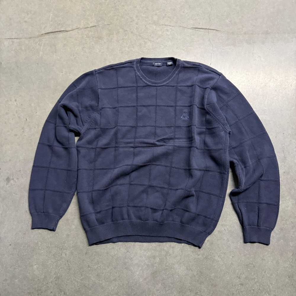 IZOD Mens XXL Navy Blue 100% Cotton Textured Grid Crew Neck Sweater Long Sleeve